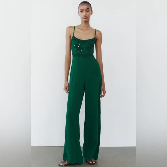 green emerald velvet dress Zara Basic Satin Green Lace Trim Side and Back Tie Jumpsuit- Size S  The  Saved Collection